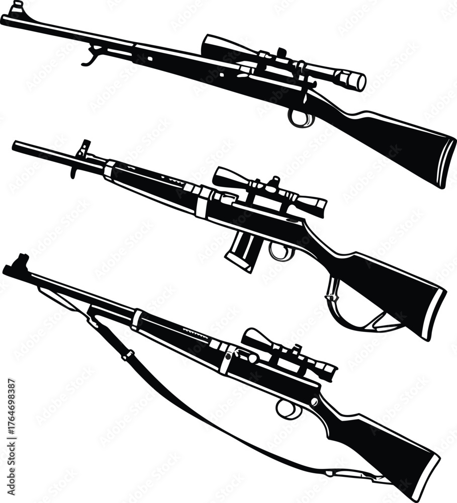 Three distinct sniper rifles with scopes showcased in a dynamic, clean ...