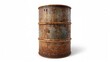 © Cyber Shutter - Aged corroded steel drum standing alone on a plain white backdrop