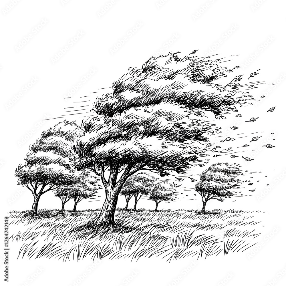 Generative ai a group of trees bending in the wind, with leaves and ...