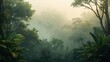 © AbstractAI - Fog-covered rainforest with tropical foliage background