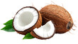 © Kandang - Cut coconut composition with leaves, detailed brown shell and white interior, isolated against a black background