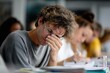 © Eve - Tired male student sitting at desk with books, feeling stressed while studying for exam. Young man with glasses suffering from fatigue and concentration problems during education.