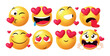 © Grafiqwrk 2.0 - 3D love emoji faces showing romantic and affectionate expressions. Cute emoticon set perfect for chat apps, Valentine’s designs, and social media love reactions.