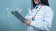 © Sky view - Doctor using digital tablet prescription  medical checklist pharmacy healthcare technology