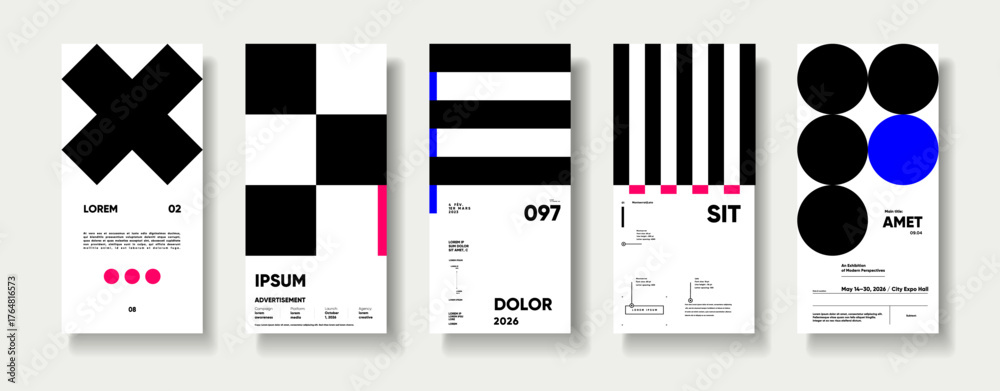 A collection of minimalist posters with geometric backgrounds and clean ...