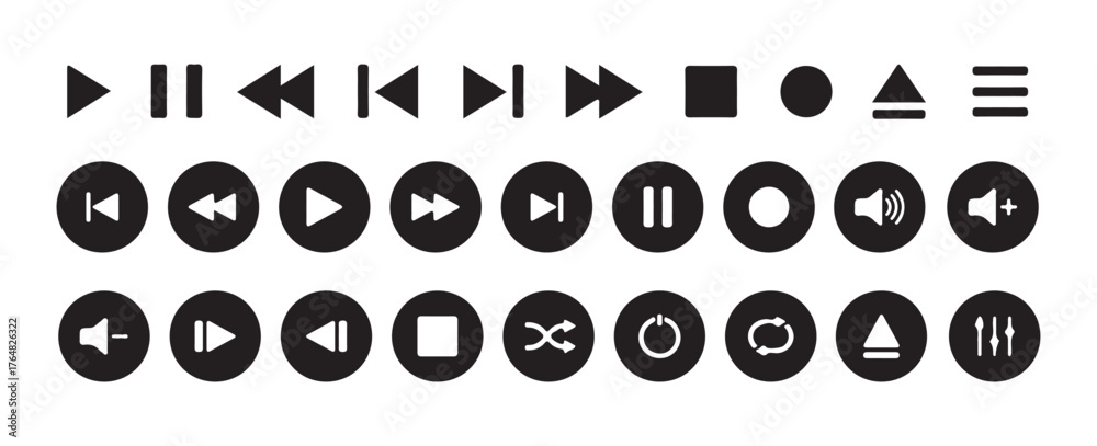 Media Player Control Icons Set. Audio, volume, interface, design media ...