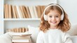 © mashimara - Listening Delight: A radiant young girl, immersed in the world of audio, smiles brightly while wearing wireless headphones in a cozy, book-lined setting.