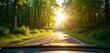 © miss irine - View from car driving along road through green forest. Bright sunlight shines down creating warm atmosphere. Road trip adventure in nature. Scenic drive through trees on summer day.