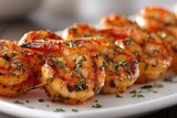 Grilled seasoned crustaceans served skewered on a white serving dish