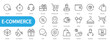 © Nivins McTwisp - E-commerce icon set. Online shopping, courier, wallet, barcode, price tag, sale, location, rating, hangers, package, gift box, refund, tracking, consumer, etc. Vector illustration. Editable stroke.