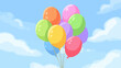 ©  Sheton - 푸른 하늘을 배경으로 다채로운 색상의 풍선 묶음이 경쾌하게 떠오르는 벡터 일러스트레이션으로, 축하와 행복의 순간을 표현합니다.