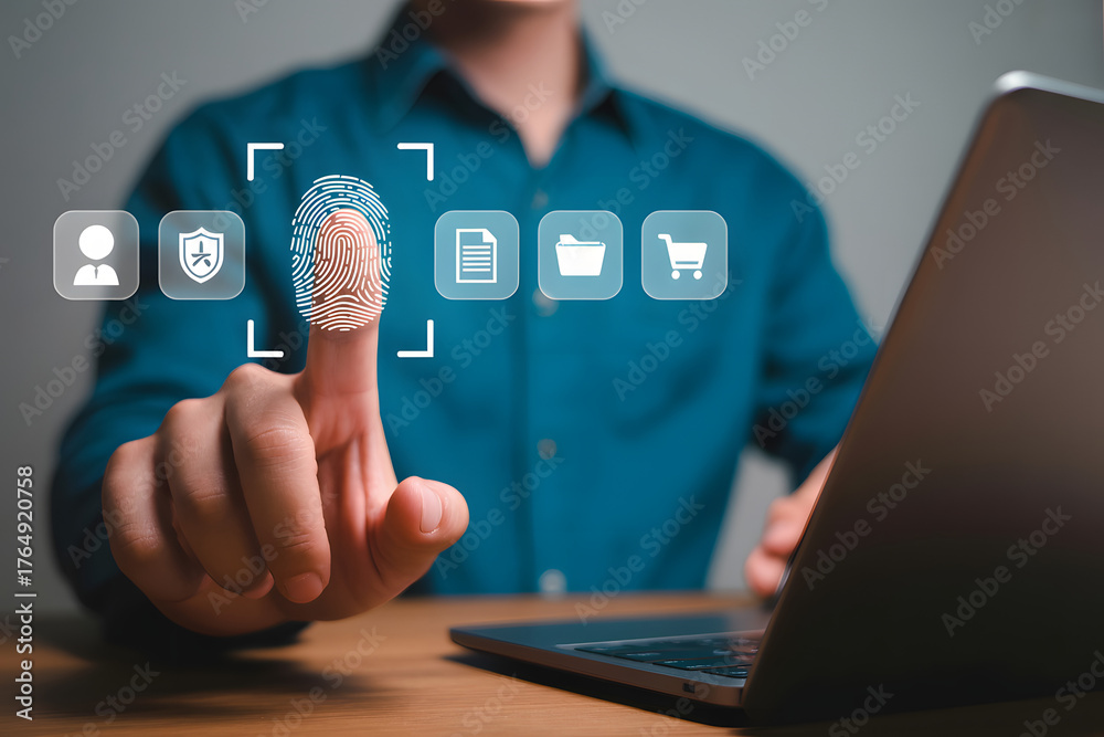 user identity verification with fingerprint scanner and digital icons ...