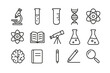 © Влада Яковенко - Laboratory Study Icons. Laboratory study. Line icon set of laboratory study: microscope, test tube, beaker, DNA strand, atom, open book, telescope, chemical