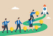 © Premium Shop - Flat illustration of business leader placing lightbulbs on innovation trail with team walking toward startup rocket