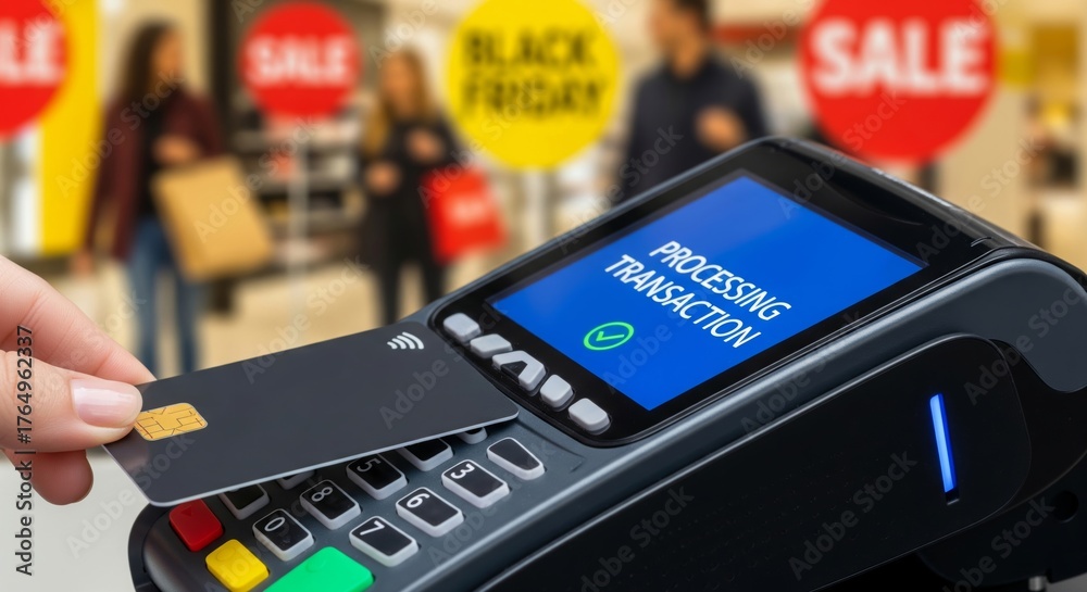 Contactless credit card payment on a POS terminal during a Black Friday ...