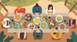 © Aries - A vibrant flat design illustration depicting a diverse group of attendees enjoying healthy, organic food at a communal dining setting at Wonderfruit Festival.