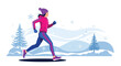 © Saulius - Winter Run - Woman Jogging in Snowy Landscape Illustration.