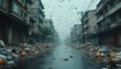 © miss irine - City street covered with rubbish after rain. Debris clogs road near buildings. Pollution affects urban landscape. Birds fly over mess. Waste creates problem for locals in neighbourhood.