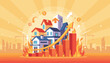 © Jamaica - Vibrant illustration depicting a booming real estate market with houses, rising bar graphs, upward arrows, and flames symbolizing rapid growth and high demand, set against a city skyline and