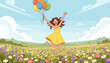 © Mitch - A young woman in a yellow dress joyfully jumps and runs through a vibrant field of wildflowers, holding a bunch of colorful balloons, under a bright blue sky with fluffy white clouds, embodying