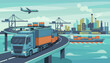 © Jess - Vibrant flat vector illustration showcasing a modern global logistics network with cargo trucks, container ships, airplanes, and industrial factories, symbolizing international trade and supply chain