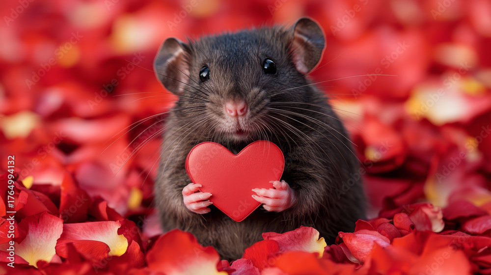 A sweet rat holding a red heart nestled amongst a bed of vibrant