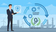 © Gabriela - Businessman presenting a standard process for zero accidents in industry, emphasizing safety protocols and efficient workflow with gears, arrows, and a shield icon against a backdrop of factories and