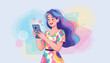 © Jayson - Vibrant young woman with colorful hair joyfully using a smartphone, surrounded by social media icons, representing connection and digital communication in a modern, abstract, and soft-focus