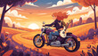 © Danieli - Vibrant illustration of a red-haired female guitarist riding a purple motorcycle through a scenic countryside at sunset, carrying her guitar, embodying freedom and adventure on the open road with
