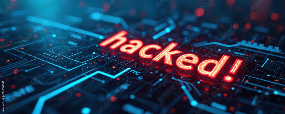 Cybersecurity concept art shows bright red neon text reading hacked ...