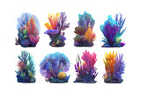 Colorful abstract bioluminescent coral organisms deep sea flora digital art collection vibrant underwater alien plant life transparent background
