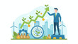 © Jayne - A businessman in a blue suit stands on a platform, holding a green upward-trending graph with growing plants, symbolizing financial growth and sustainable development, surrounded by wind turbines
