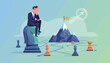 © Angela - Strategic business planning and goal achievement visualized with a businessman contemplating on a chess knight piece, overlooking a mountain summit marked with a 'GOAL' flag and a winding path