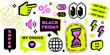 © Mariia - Y2k inspired set of Black Friday shopping stickers in 8 bit retro game digital nostalgic style. Percentage symbol, lightning flash, big eyes icon. Promotion special offers vector elements on white bg