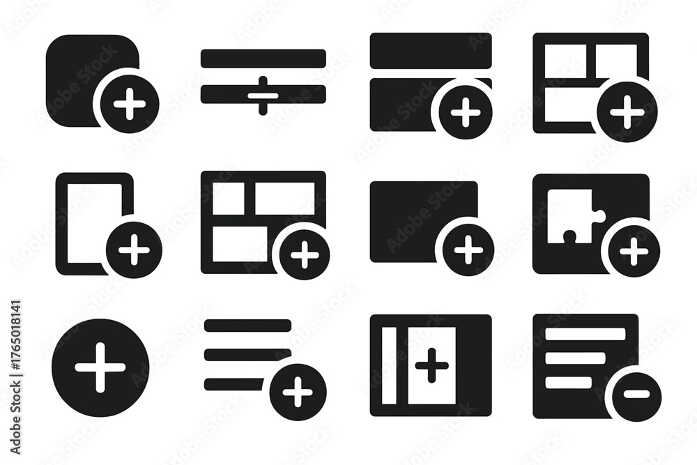 UI Interface Additions. Solid style icons of interface additions: add ...