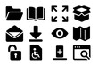 © Vector - Open Icons Collection. Solid style icons of open states: open folder, open book, expanded view, opened box, opened envelope,