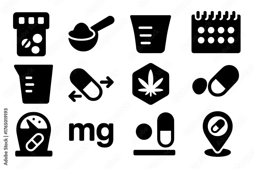 Medical Dosage Icons. Solid style icons of Dosage and control: pill ...