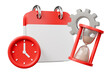© Theeraphat - 3d calendar with gear, clock and hourglass icon. time management deadline concept. Minimal cartoon planner scheduler reminder for app banner. isolated on white background. 3d render.