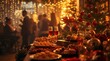 © Alchemy - Festive Christmas dinner table with holiday decorations, candles, cookies, and champagne glasses in warm cozy lighting, people celebrating winter evening with joy and sparkling atmosphere