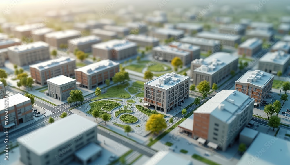 High angle view of modern planned city layout features residential ...