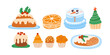 © Vala Ivashchenko - Christmas cake set. Collection of festive cakes or cute winter holiday pies. Holiday pudding, xmas bento cakes, cupcakes, stollen traditional pastry. Vector illustration collection isolated on white.