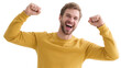 © Adobe Contributor - A man in a yellow sweater shows a joyful expression with raised fists, conveying a sense of triumph and excitement.