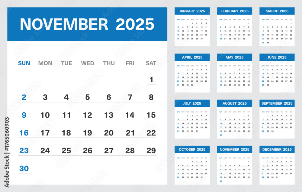 2025 Calendar Template with All Months and Highlighted November Page in ...