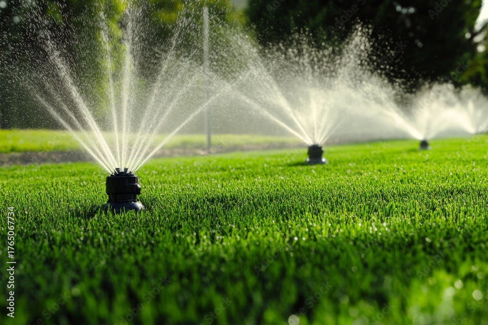 Automatic sprinklers deliver precise water to a vibrant green lawn ...