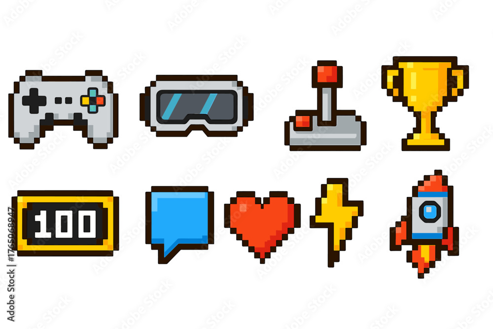 Pixel gaming icon set. 3D retro video game icons with controllers ...