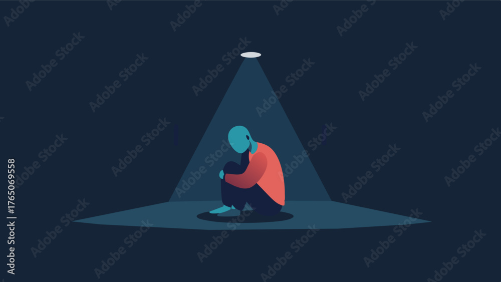 A person in distress sitting alone in a dark room representing the ...