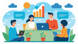 © Justlight - A group of agribusiness representatives discuss market trends and pricing data in a virtual meeting using cloudbased software.. Vector illustration