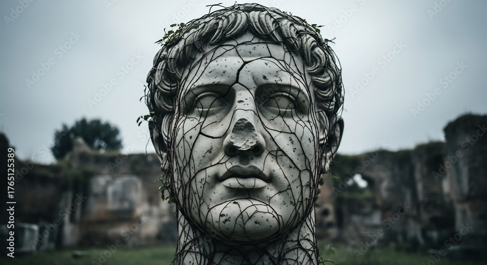 Ancient Roman statue in ruins with cracks and ivy. Ideal for history ...