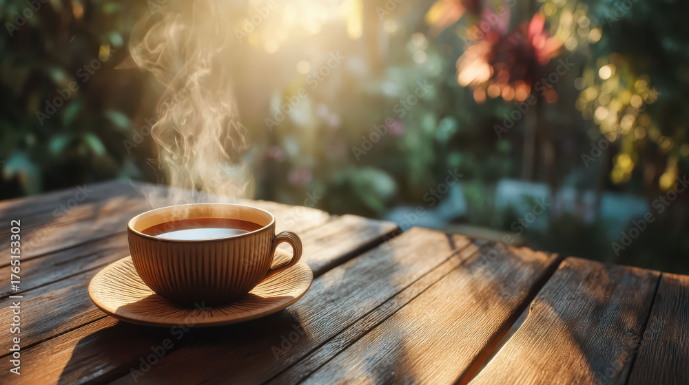 A cup of coffee is sitting on a wooden table with steam rising from it. The scene is peaceful and relaxing, with the sun shining through the trees and casting a warm glow on the table