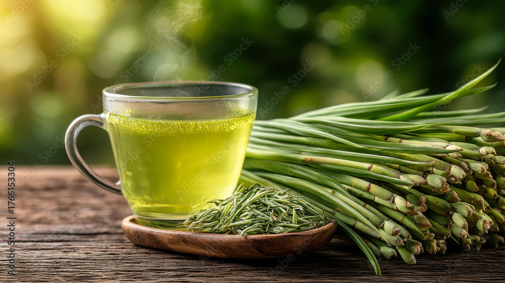 A glass of green tea is placed on a wooden table with a bunch of green herbs next to it. The herbs are fresh and appear to be parsley or cilantro. The tea is steaming, indicating that it is hot